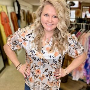 Peach and Black Floral Blouse